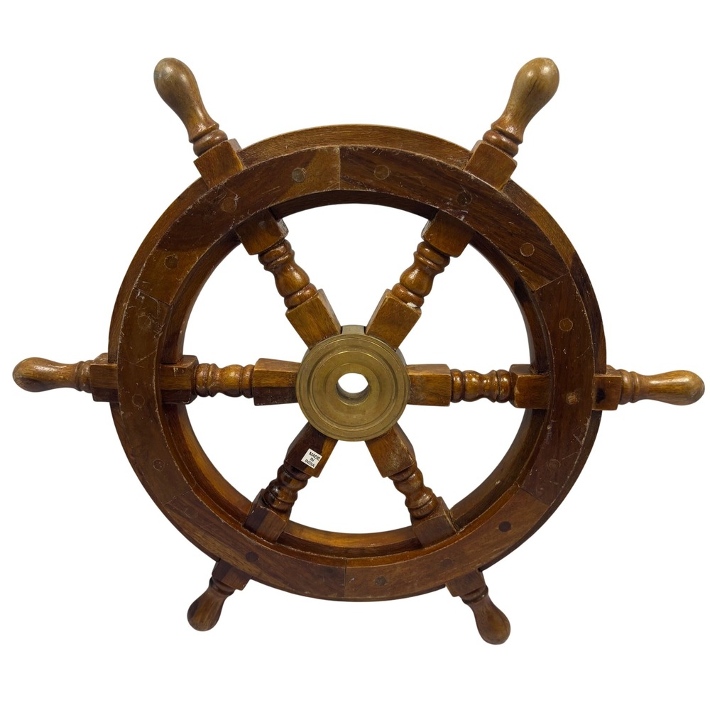 Vtg Nautical Wood Ship Wheel 18 In Brass Hub Captains Helm Wall Decor India
